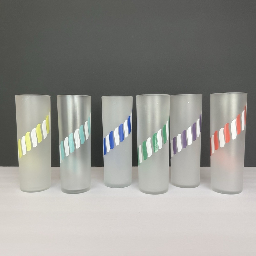 Set of 6 Vintage MCM Libbey Frosted Glass Candy Stripe Highball Glasses Rainbow